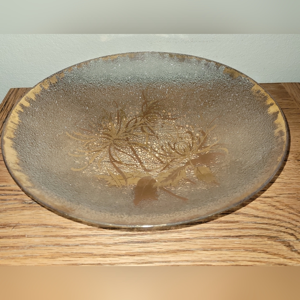 Vintage Dorothy Thorpe MCM Glass Platter 13.5” Bronze Gold Leaves Bead Glass